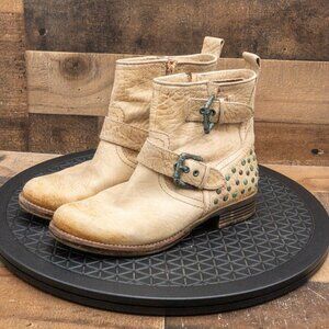 NAYA DISTRESSED TAN LEATHER WOMENS ANKLE BOOTS CASUAL BOOTIES SIDE ZIP SIZE 7.5M